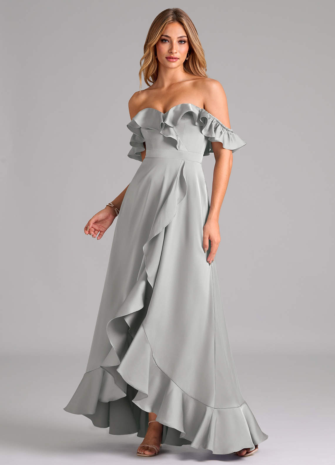 Azazie Lyra Bridesmaid Dresses Silver A-Line Off the Shoulder Stretch Satin Convertible Dress image1