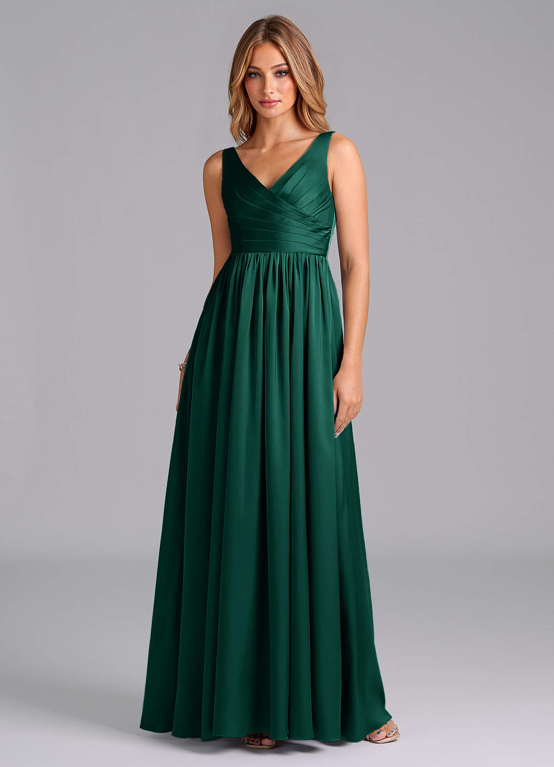 Azazie Keyla Bridesmaid Dresses Emerald A-Line Pleated Stretch Satin Dress image1