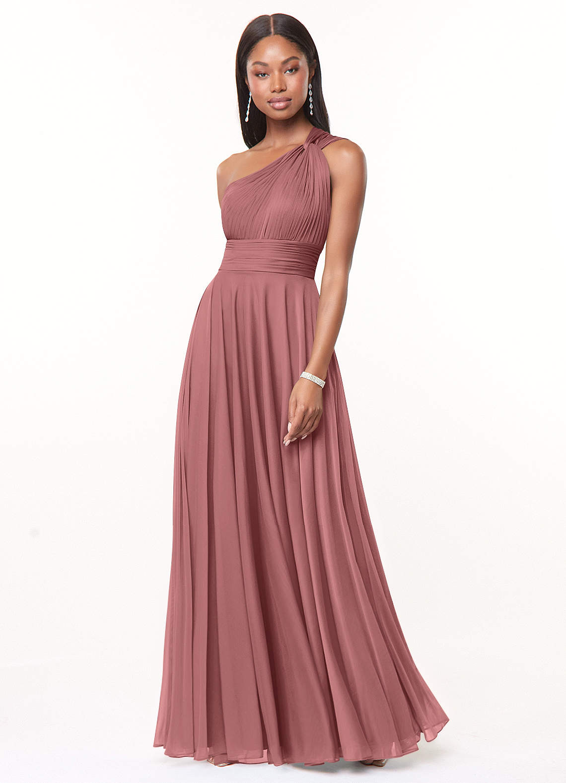 Azazie Charlize Bridesmaid Dresses Desert Rose A-Line One Shoulder Mesh Dress image1