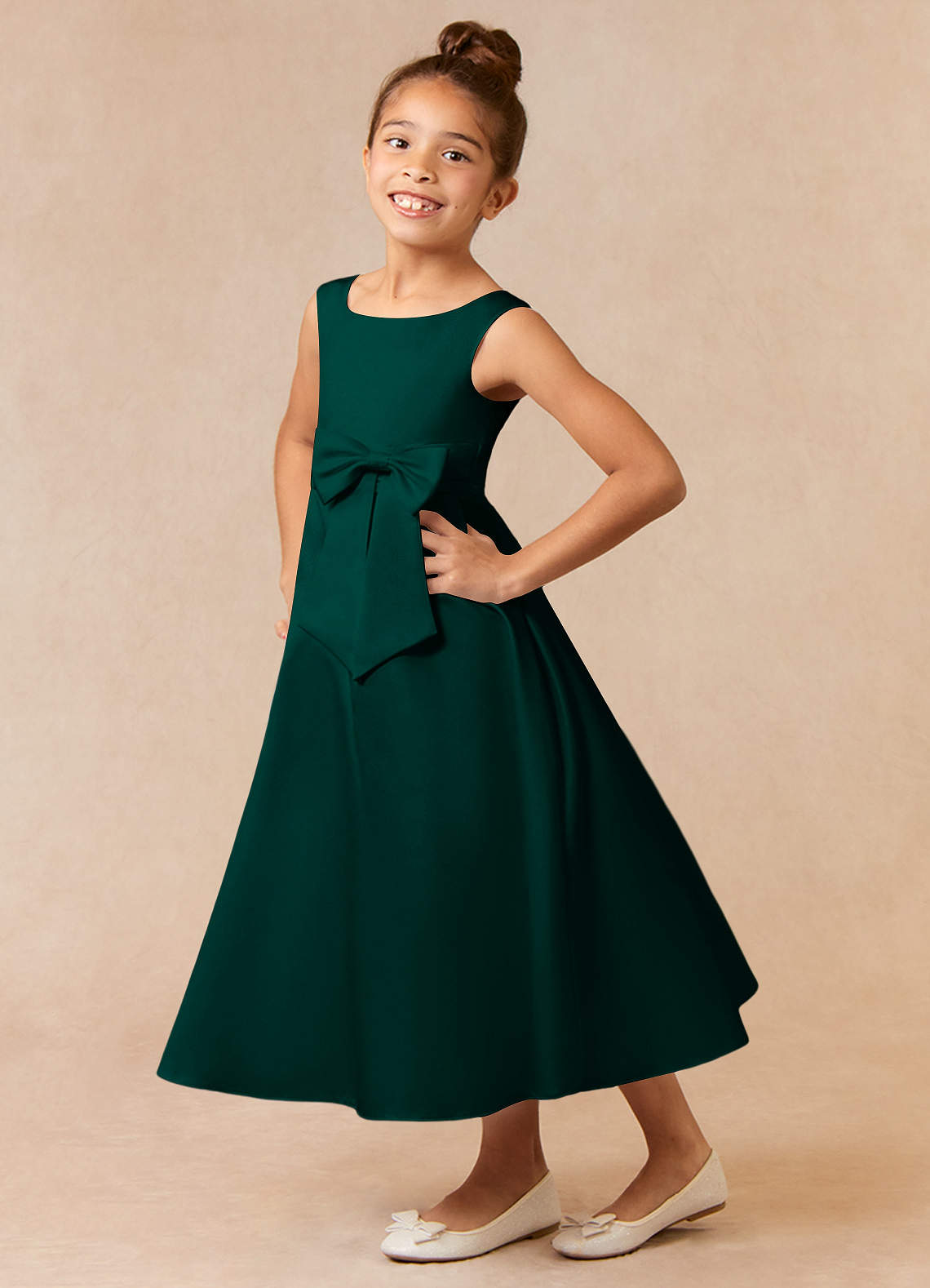Azazie Lindy Flower Girl Dresses Pine A-Line Pleated Matte Satin Dress image1