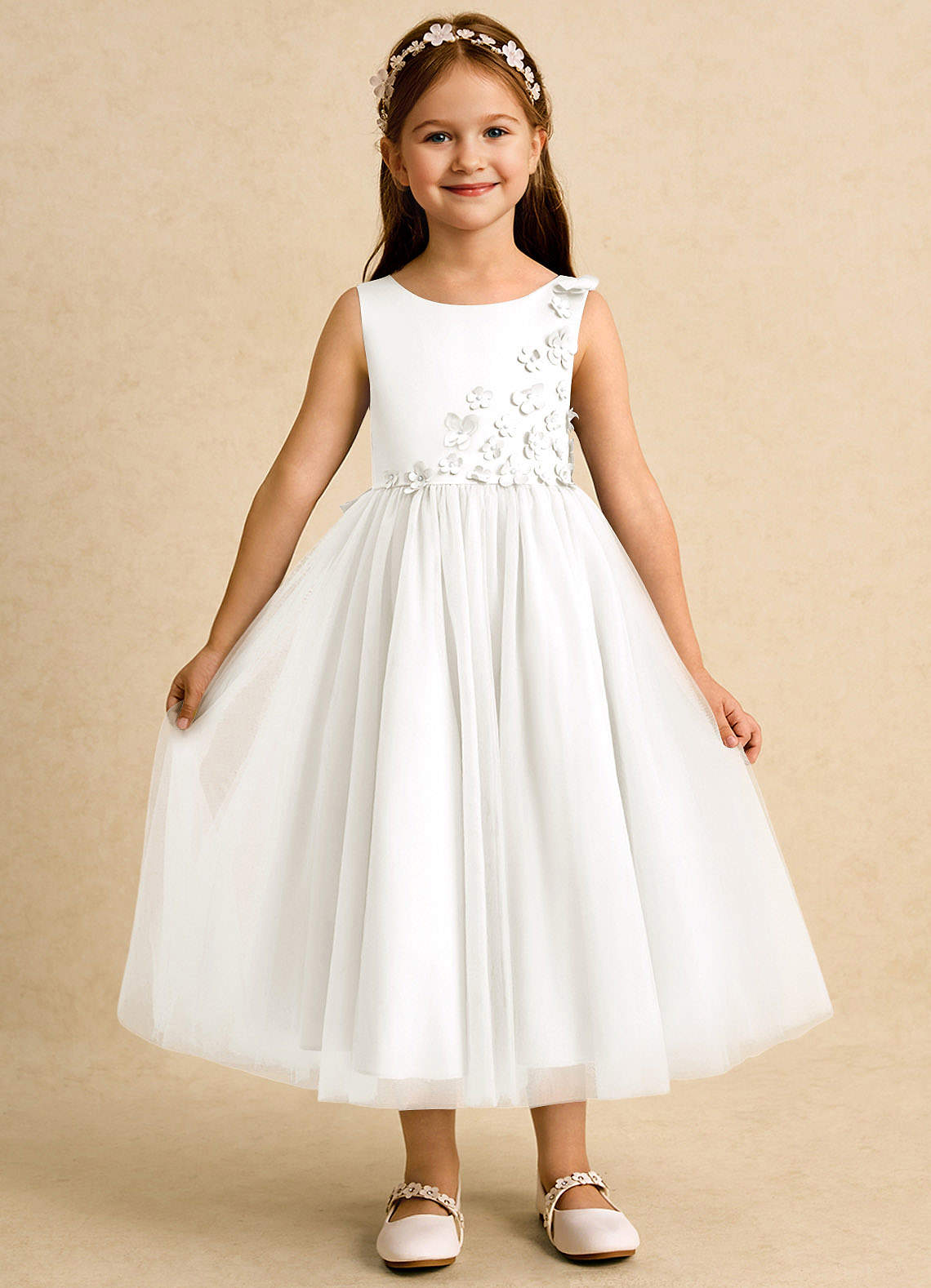 Azazie Malva vestidos de niña de las flores Vestido de Marfil de Tul de Princesa con Lazo image1