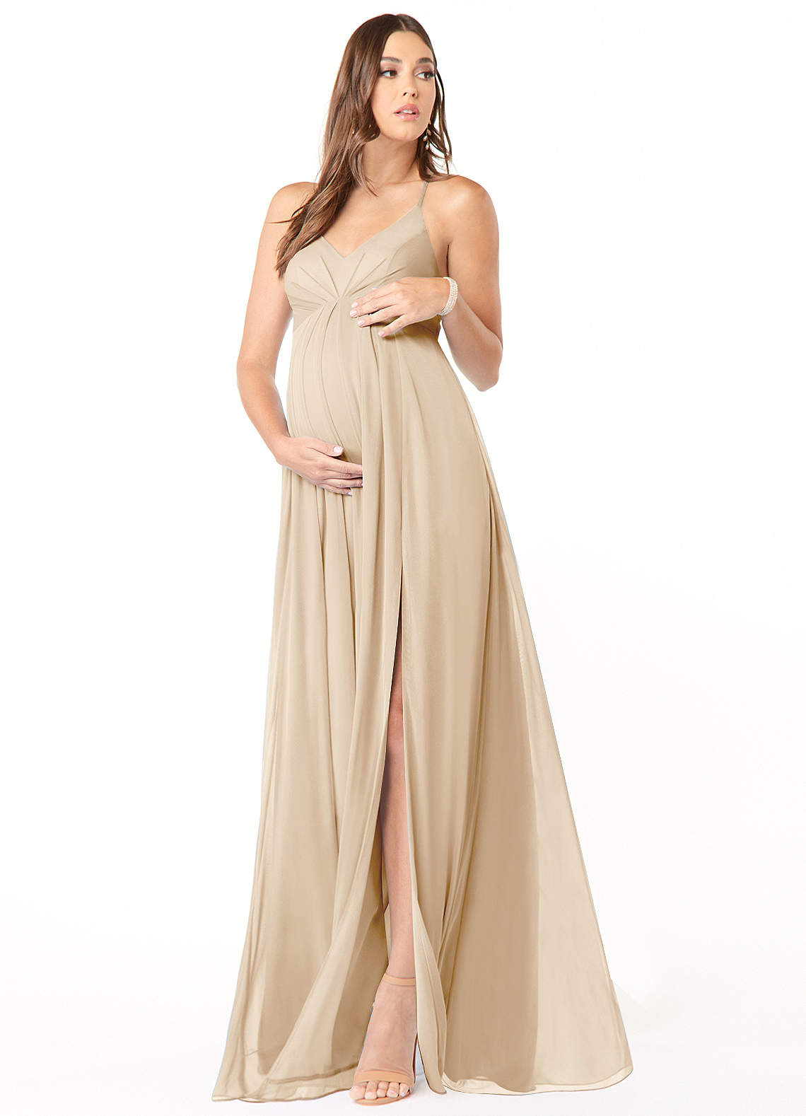 Azazie Plus Size A-Line/Princess Halter Neck Floor-Length Mesh Maternity Bridesmaid Dresses - Champagne