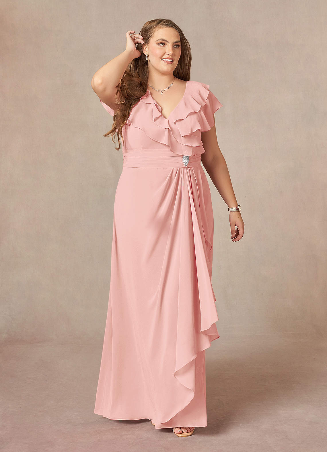Azazie Snapdragon Kleider für die Brautmutter A-Linie V-Hals Gerüscht Chiffon Kleid Rosettenrosa image1