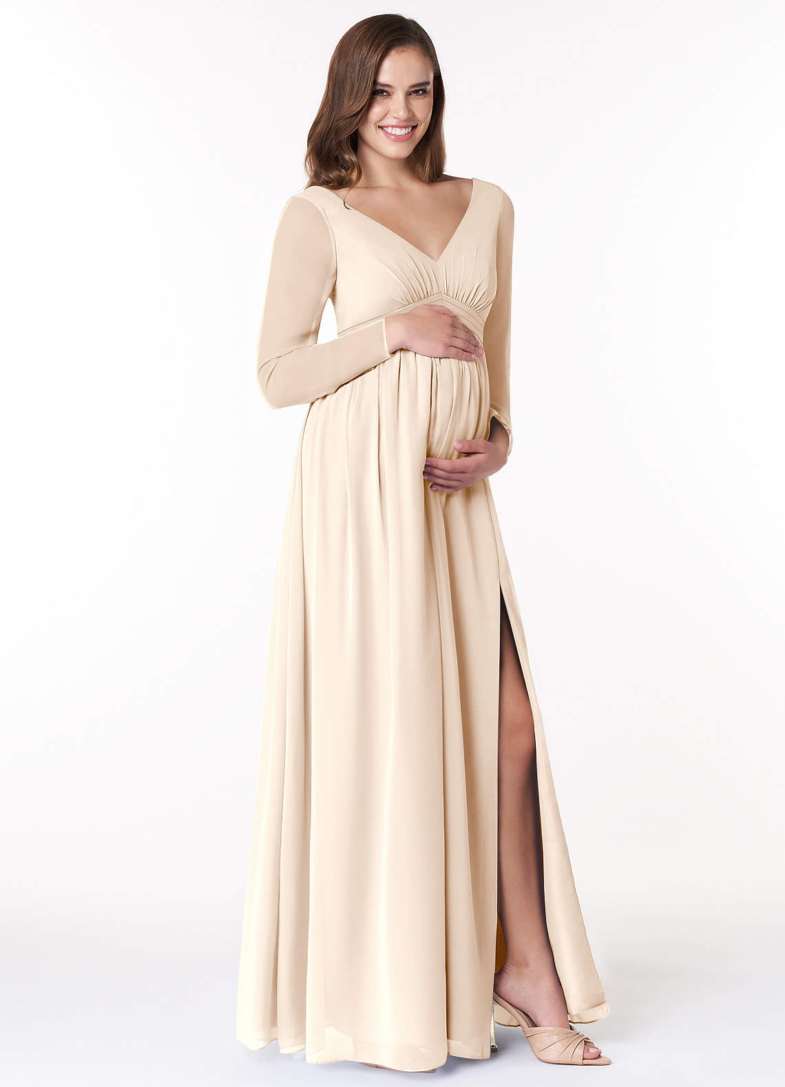 Azazie Teton At-home Try On Dresses A-Line Long Sleeve Chiffon Floor-Length Dress image3