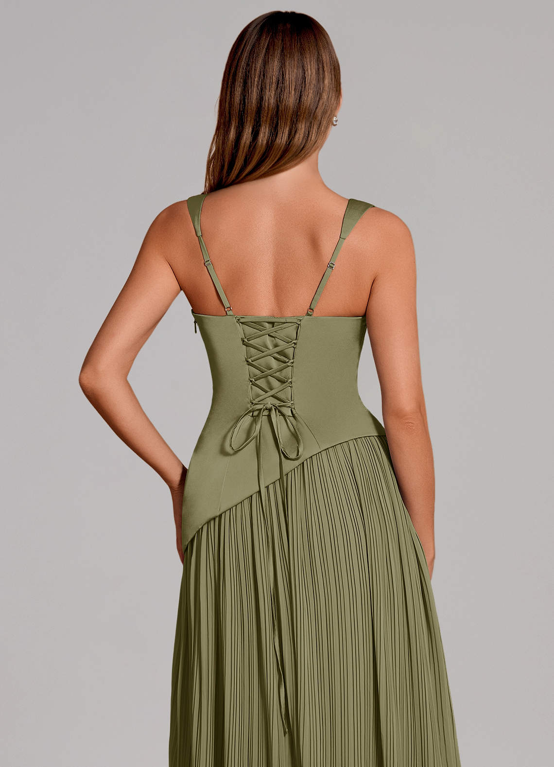 Azazie Stephanie Vestidos de madrinha de casamento Vestido Pistache de Cetim elástico de Linha A com Plissado image1