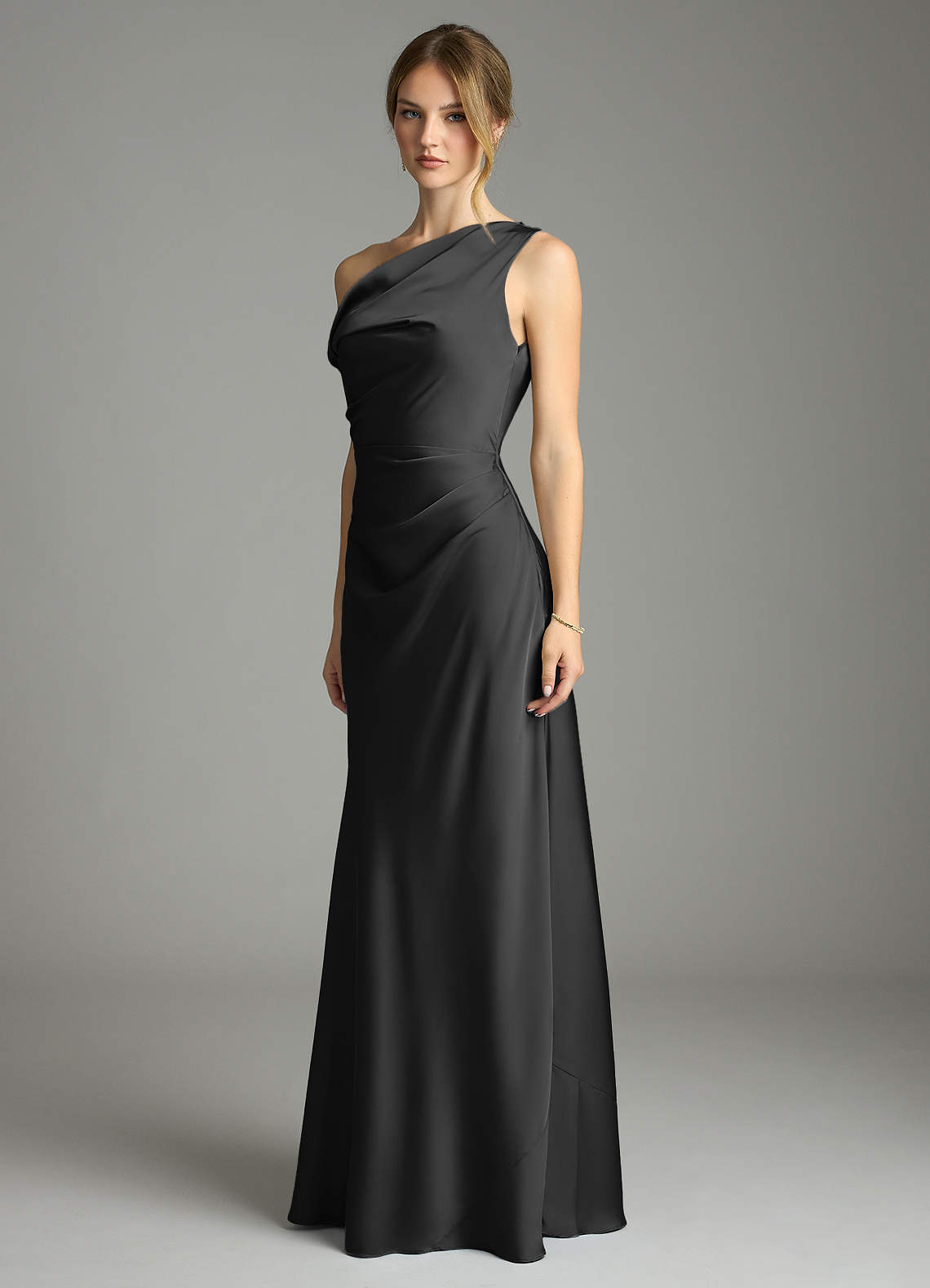 Azazie Emerson Bridesmaid Dresses Black Mermaid Off the Shoulder Stretch Satin Dress image3