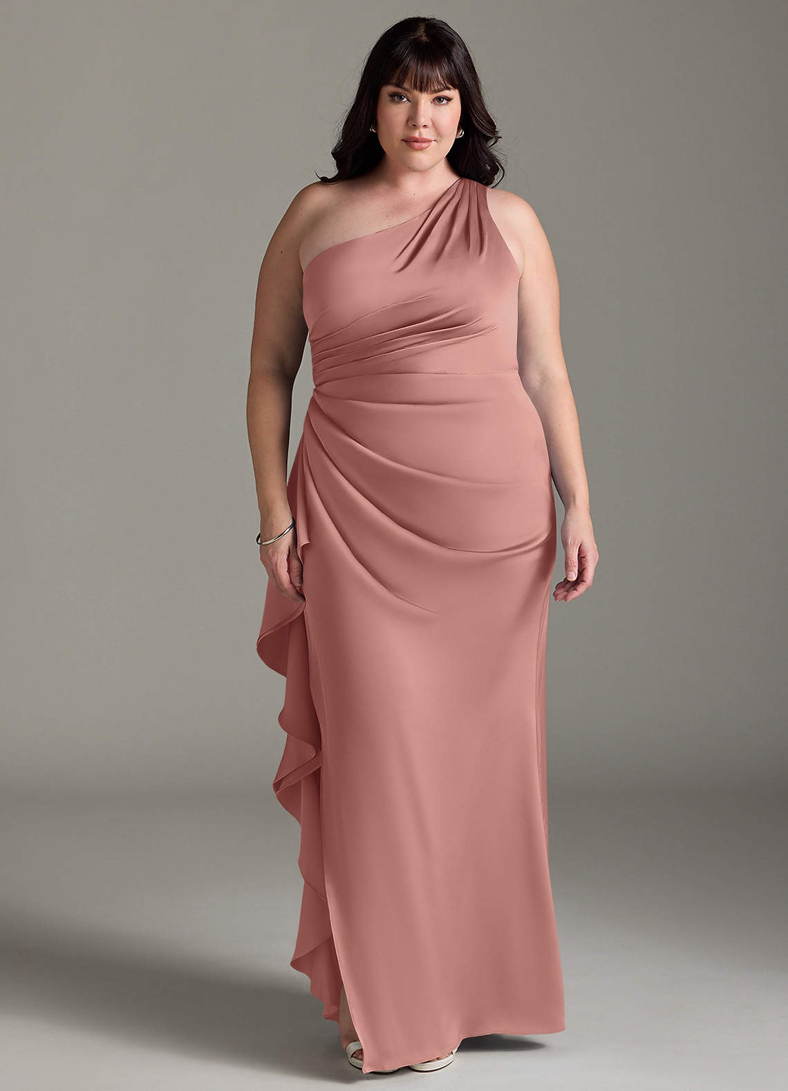 Azazie Latrice Bridesmaid Dresses Rosette Sheath One Shoulder Cascading Ruffles Stretch Satin Dress image7