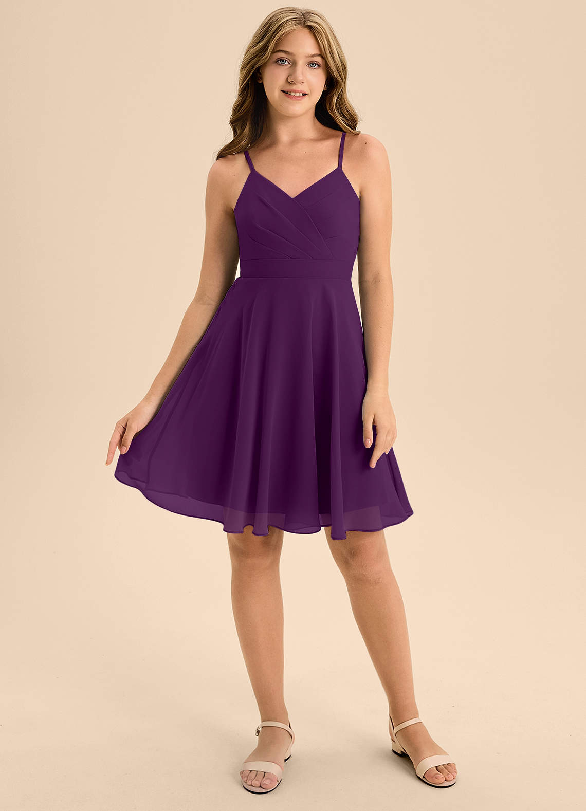 Azazie Avelina Junior Grape A-Line Pleated Chiffon Dress image1