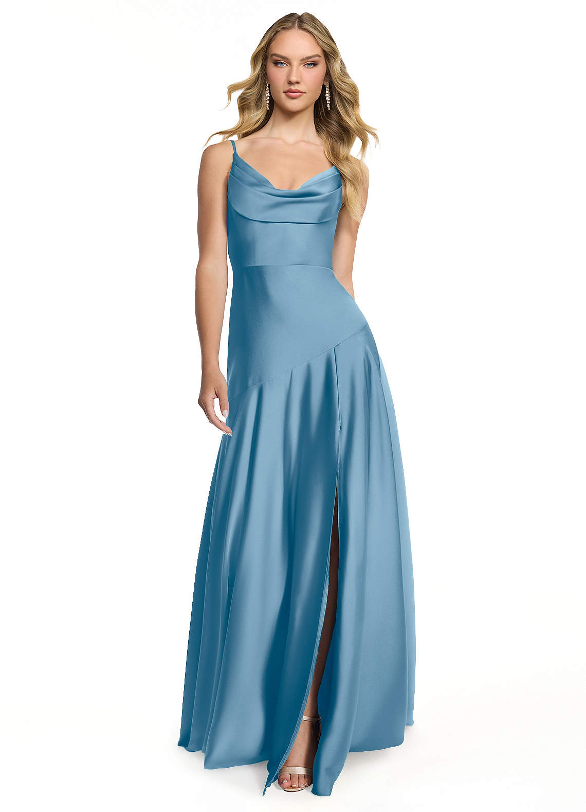 Azazie Kayla Bridesmaid Dresses Steel Blue Sheath Side Slit Stretch Satin Dress image1