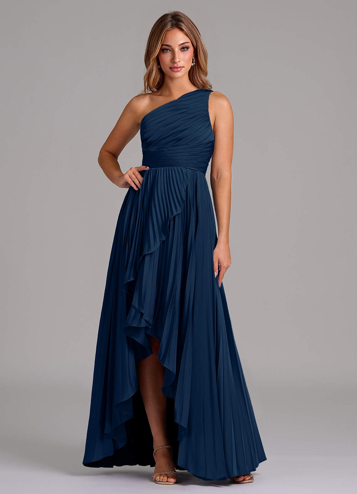 Azazie Lyrica Bridesmaid Dresses Dark Navy A-Line One Shoulder Stretch Satin Dress image1