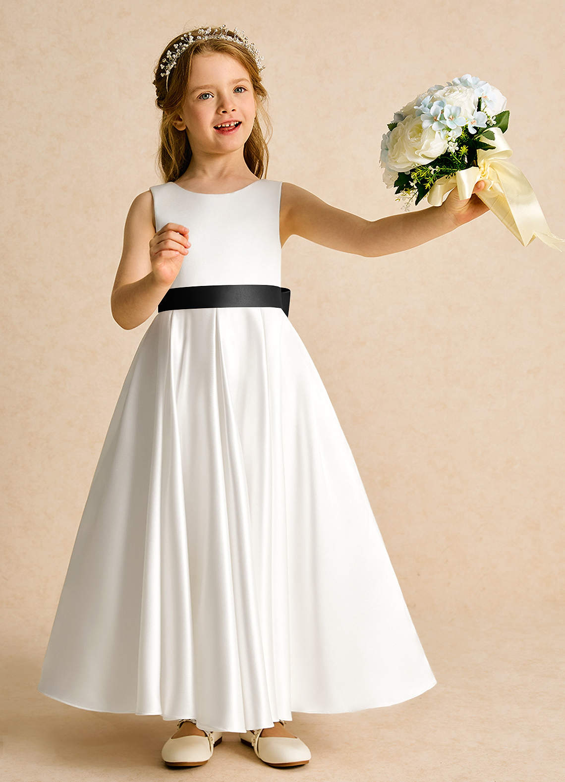 Azazie Cherry Flower Girl Dresses Ivory Black Ball-Gown Pleated Matte Satin Dress image1