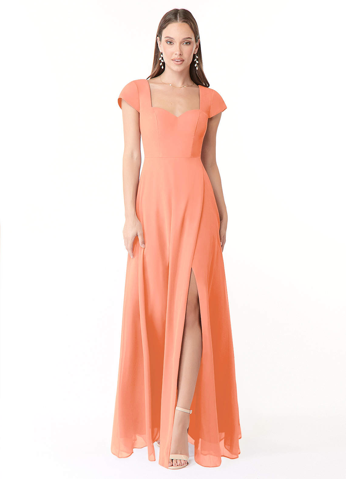 Azazie Hainsly Robes de demoiselle d'honneur Robe Trapèze en Mousseline de soie Encolure en Forme de Cœur Coucher De Soleil image1