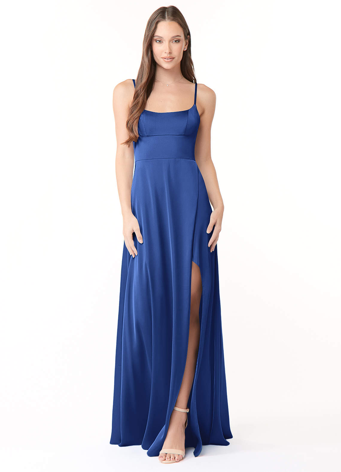Azazie Halsey Abiti da Damigella Abito Tubino in Raso Elasticizzato Spacco Laterale Blu Reale image1