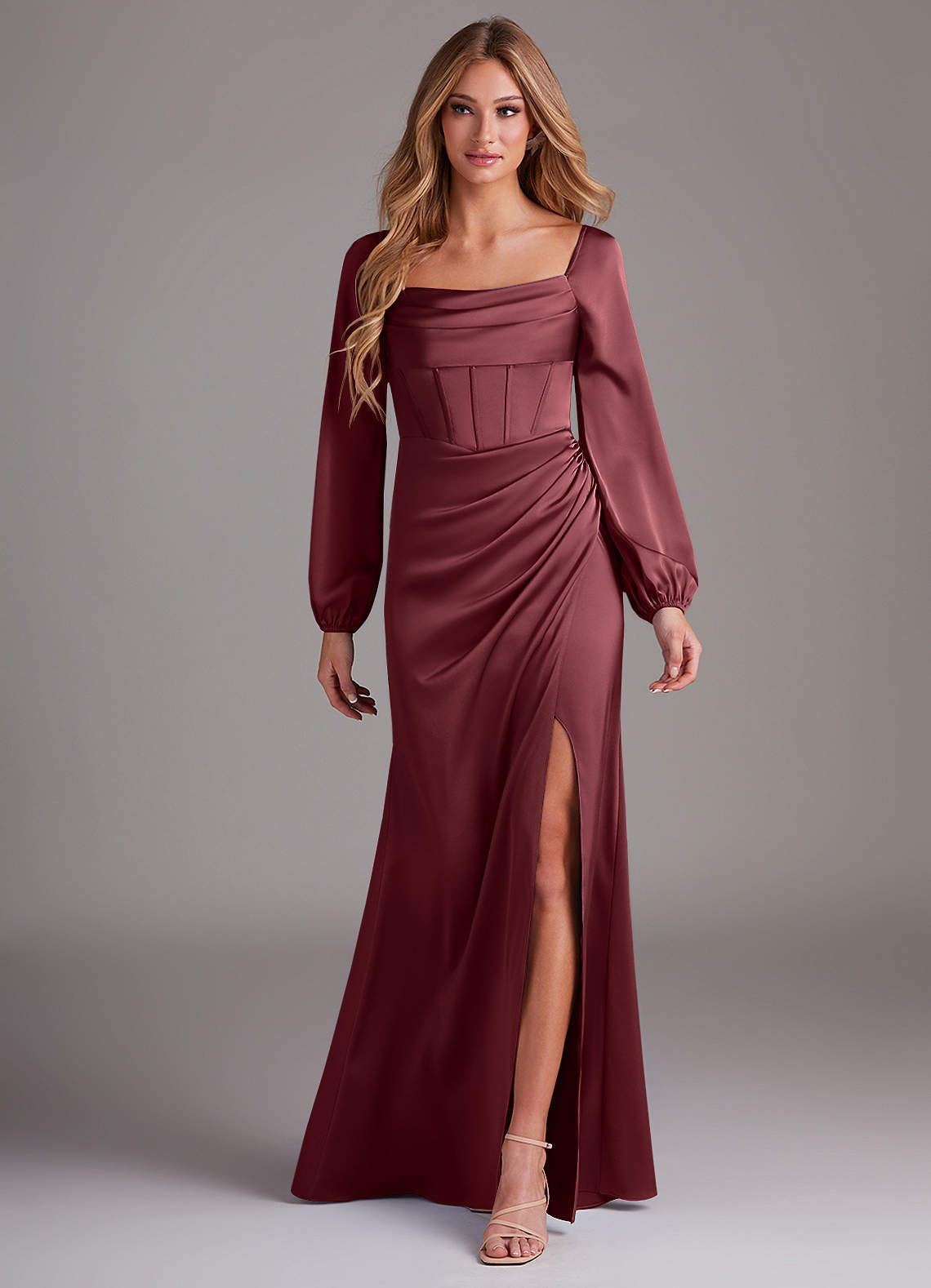 Azazie Charissa Jurken voor bruidsmeisjes Jurk van Stretch Satijn met Kolom Lange mouw Merlot image1
