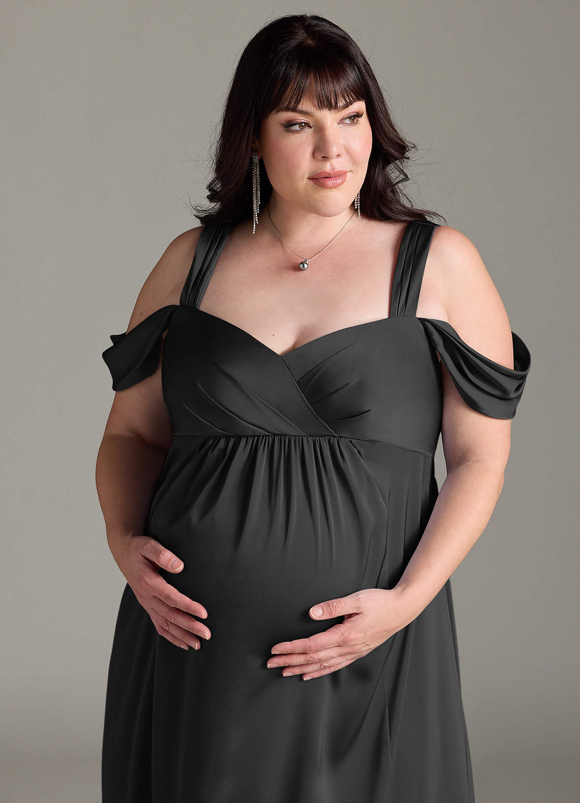 Azazie Rhea Maternity Bridesmaid Dresses A-Line Off-The-Shouler Pleated Stretch Satin Floor-Length Dress image11