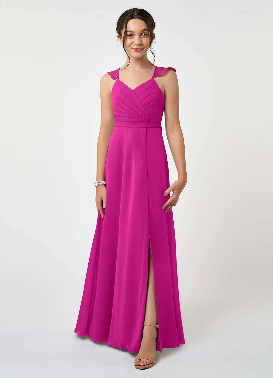 Azazie Emily Junior Fuchsia A-Line Ruched Chiffon Dress image1
