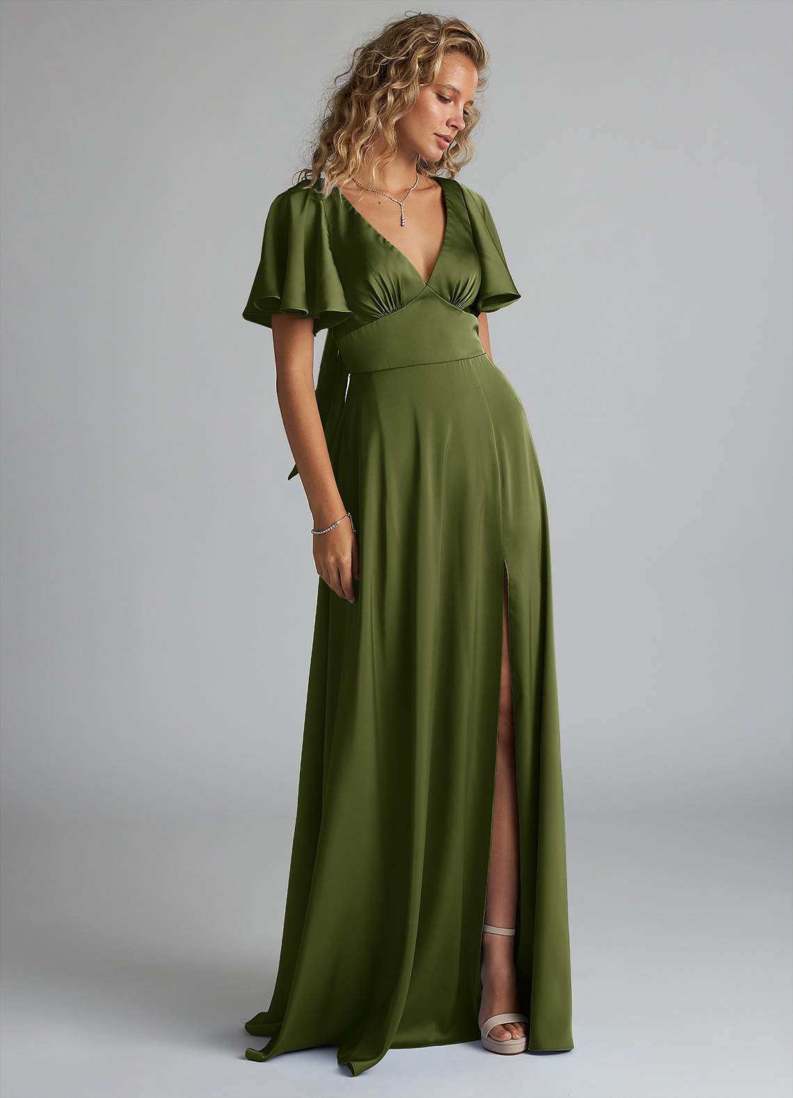 Azazie Kimber Bridesmaid Dresses Olive A-Line Ruched Stretch Satin Dress image3