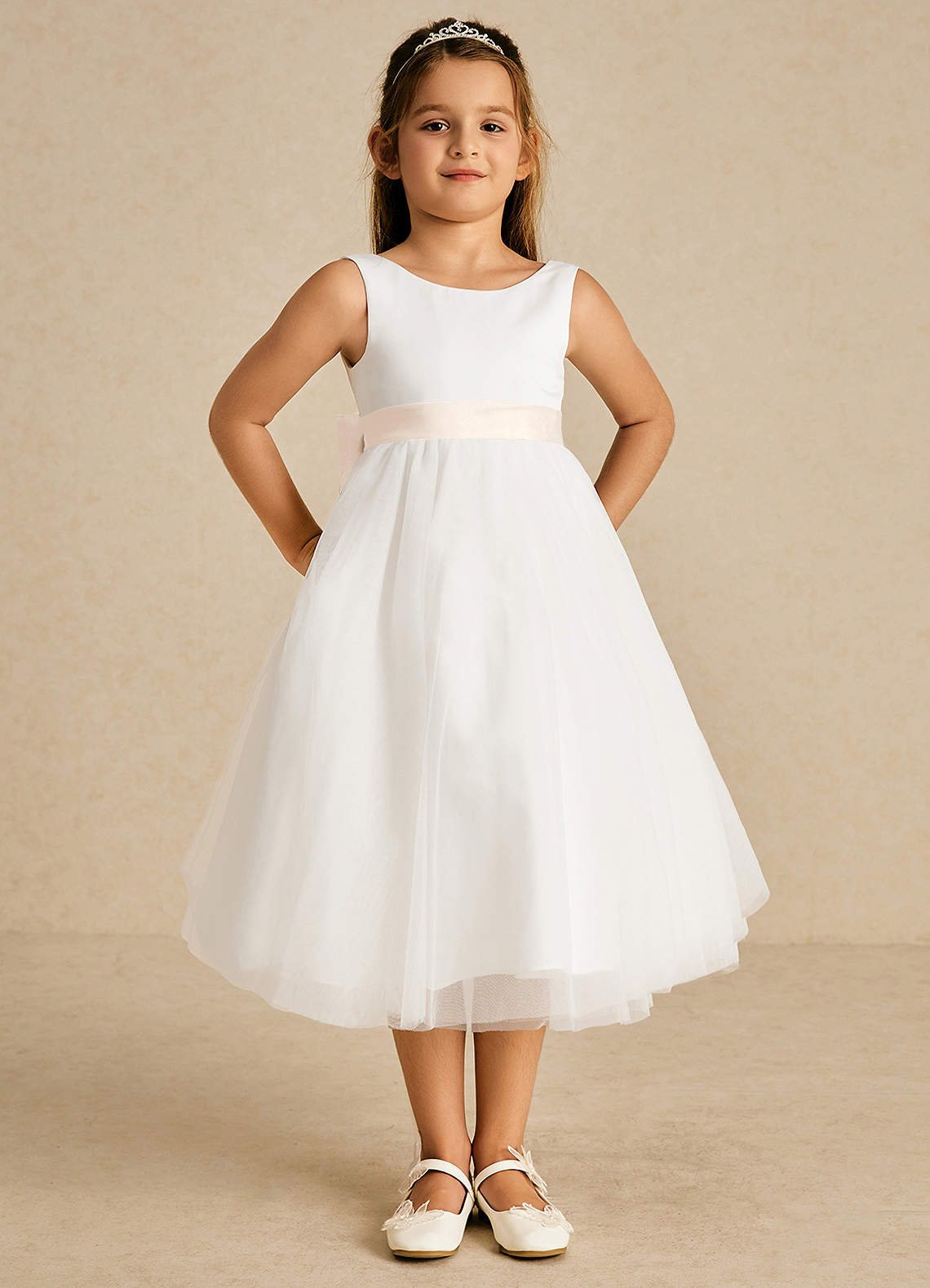 Azazie Kavi Flower Girl Dresses Ivory White Alabaster A-Line Bow Matte Satin Dress image1