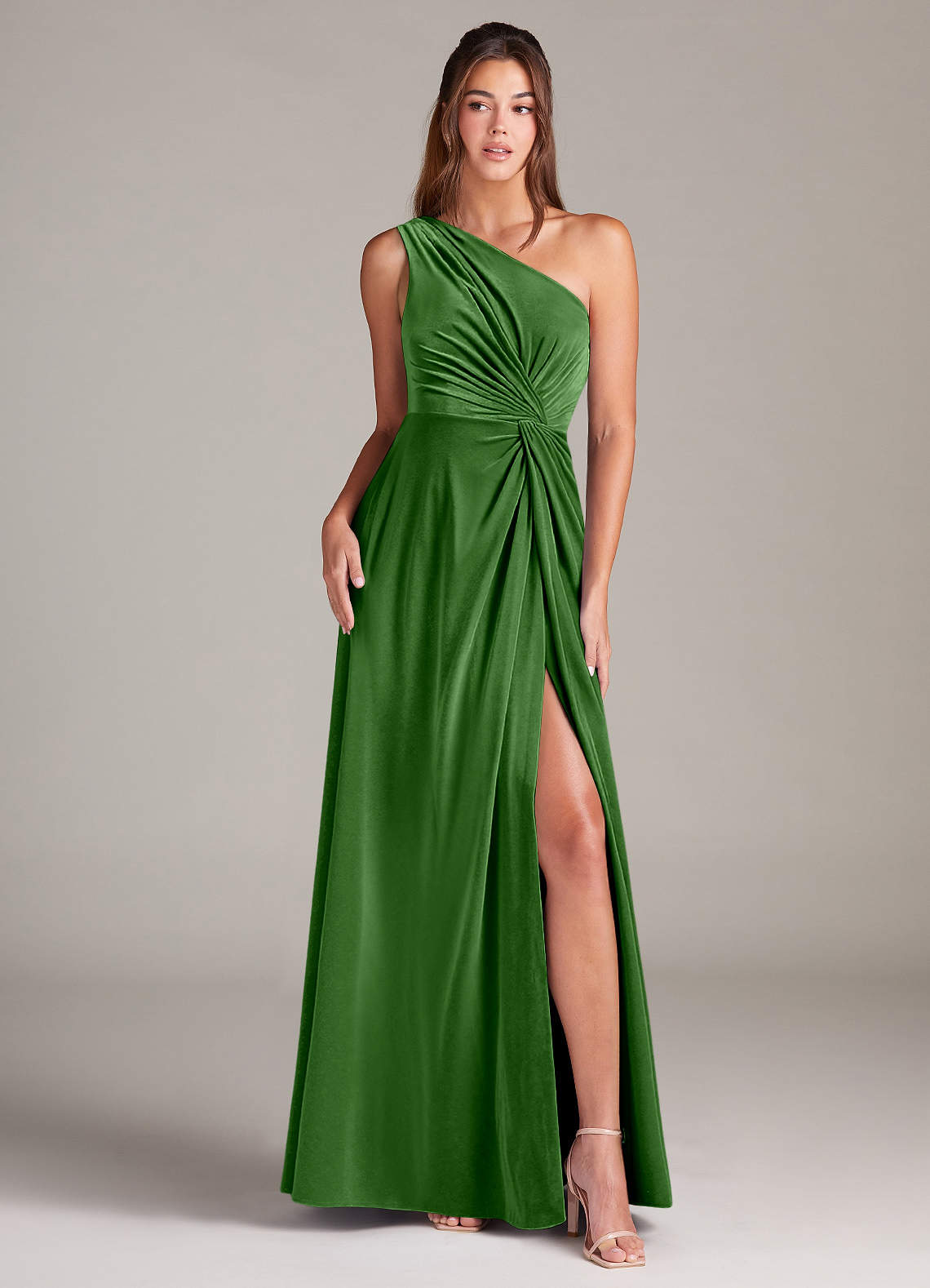 Azazie Brooke Brautjungfernkleider A-Linie One-Shoulder Samt Kleid Efeu image1
