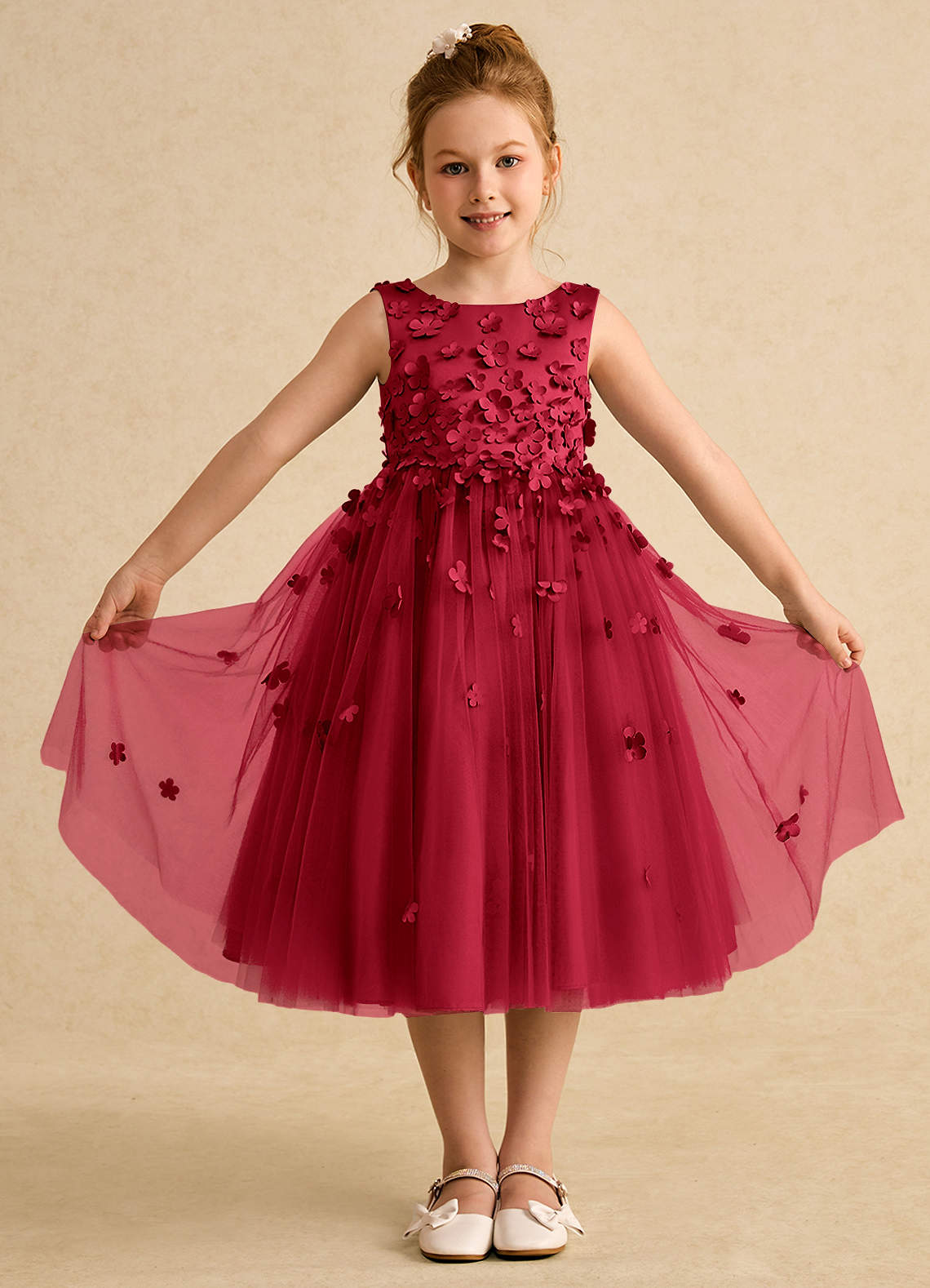 Azazie Lana Blumenmädchenkleider A-Linie ärmellos Matte Satin Kleid Scharlachrot image1
