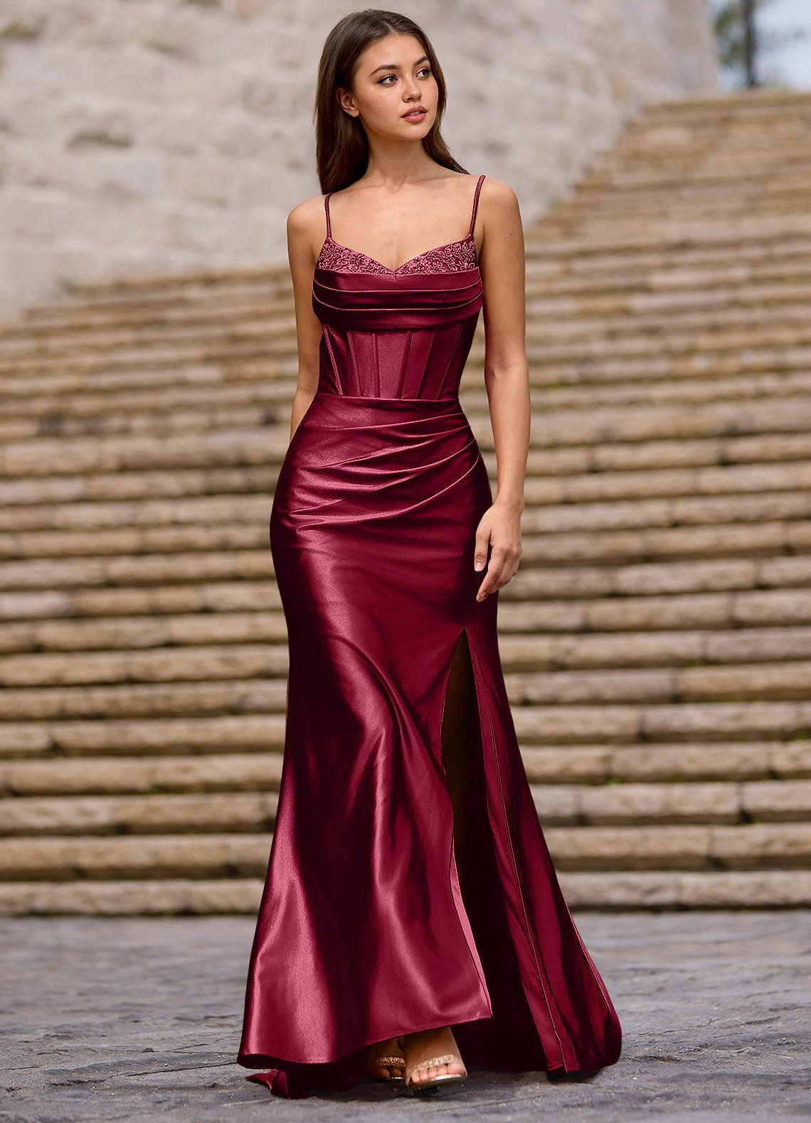 strapless open back dress Strapless Satin Prom Dress with High Slit, Corset Bodice and Pockets –  AS034 – Viniodress