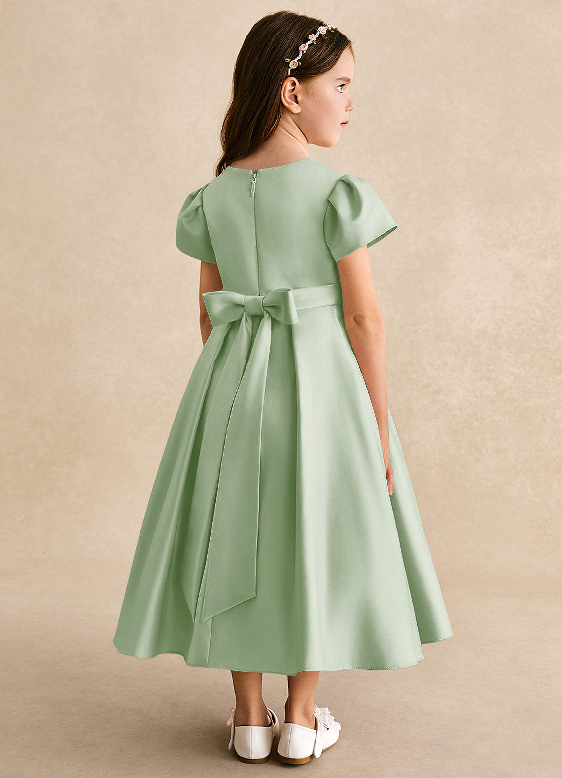 Azazie Princess Flower Girl Dresses Dusty Sage A-Line Pleated Matte Satin Dress image1