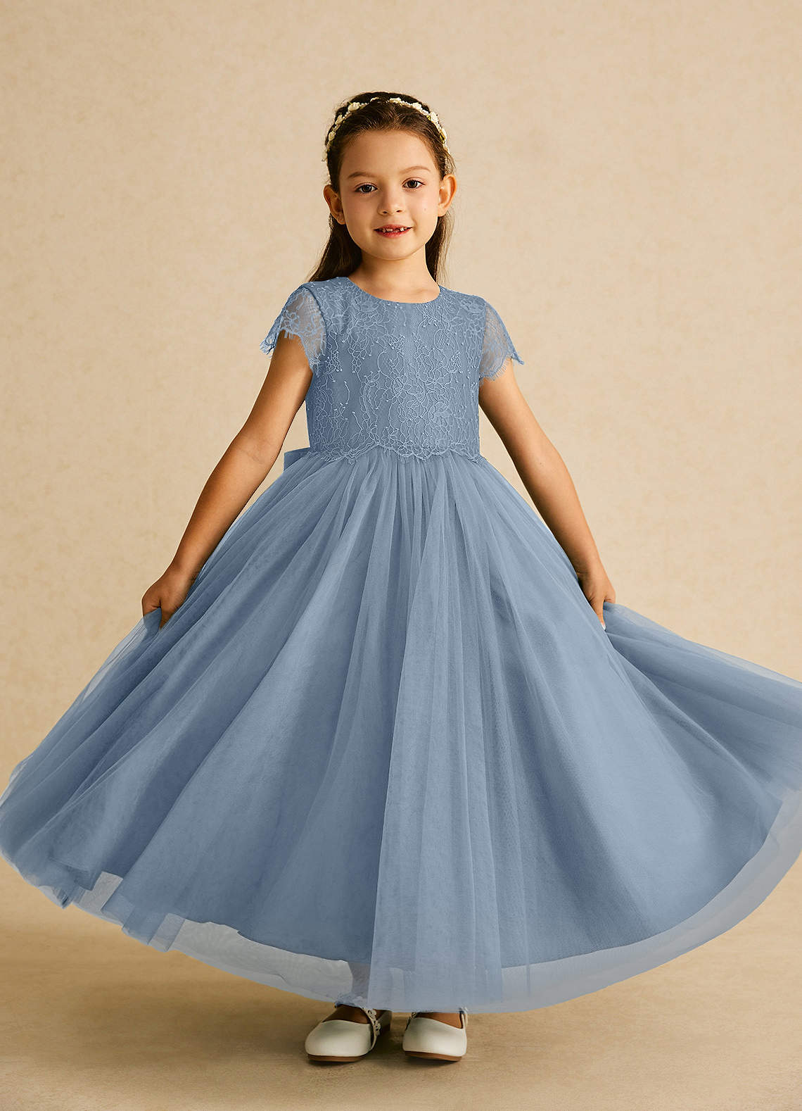Azazie Bumblebee Abiti da Ragazza di Fiori Abito A-Line in Tulle Pizzo Blu Polveroso image1