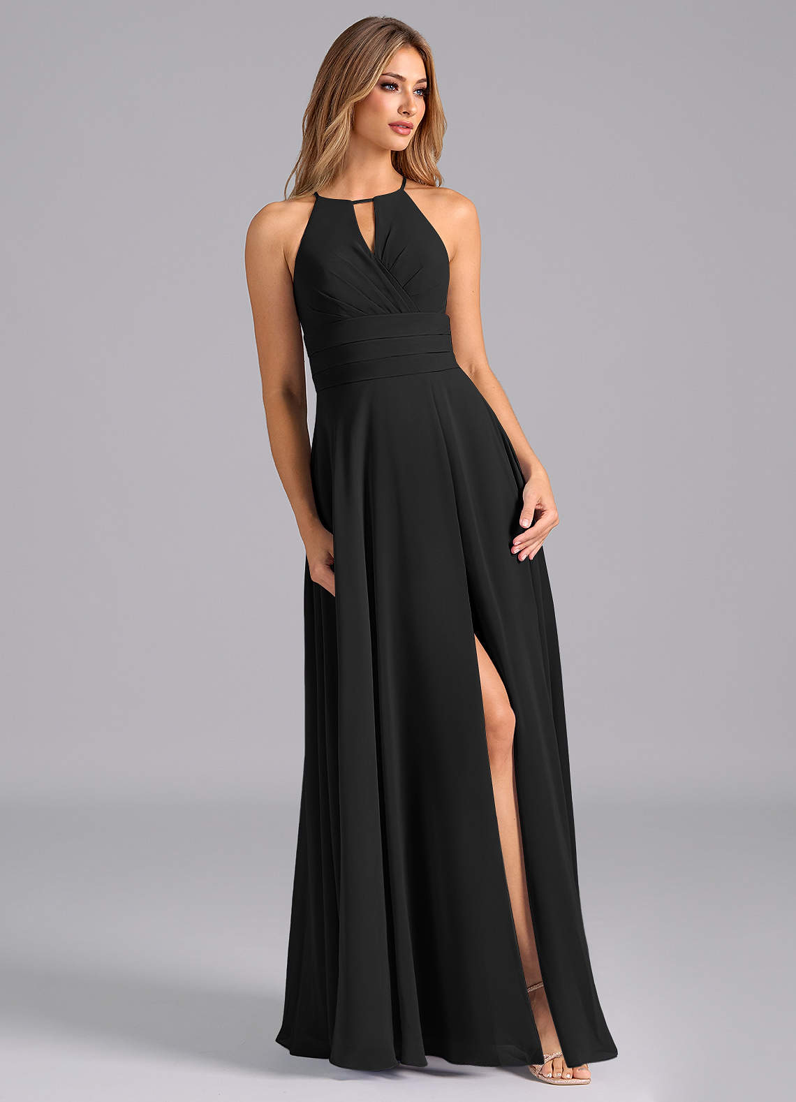 Azazie Denver Vente Finale Robe Trapèze en Mousseline de soie Plissée Noir image4