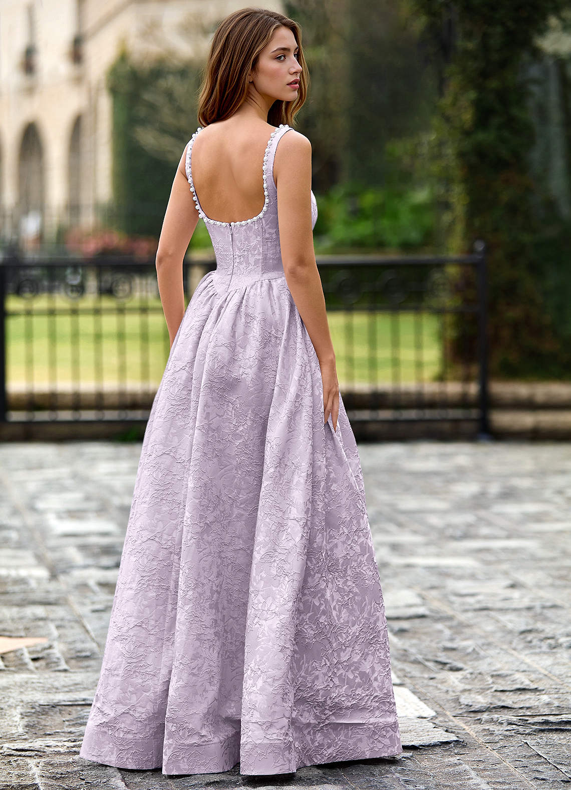 prom flowers for purple dress Fairy Flower Pearls Lilac Organza Illusion Sleeve Prom Dress