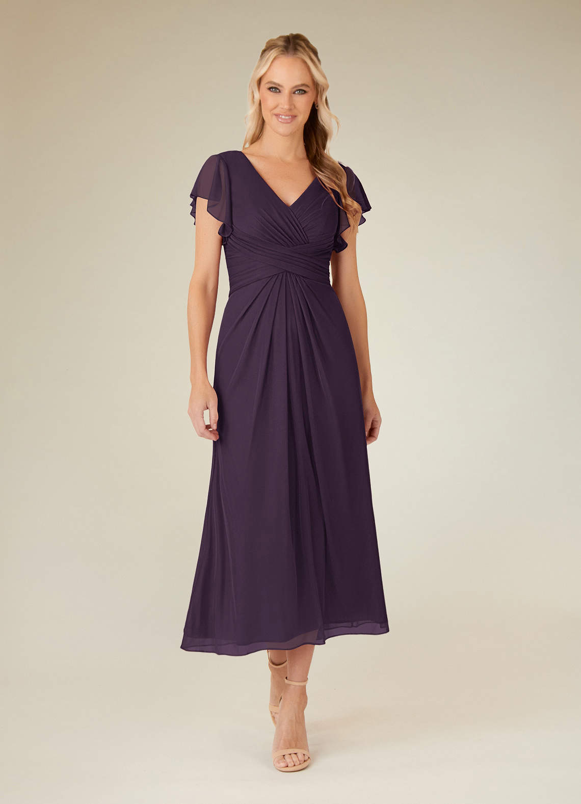 Azazie Vera Mother of the Bride Dresses Plum A-Line V-Neck Pleated Mesh Dress image1