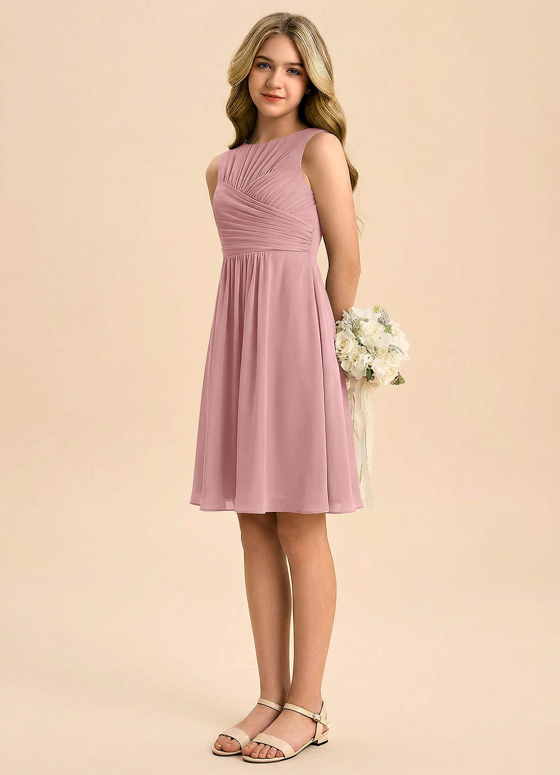 Azazie Skyla Junior Dusty Rose A-Line Pleated Chiffon Dress image3