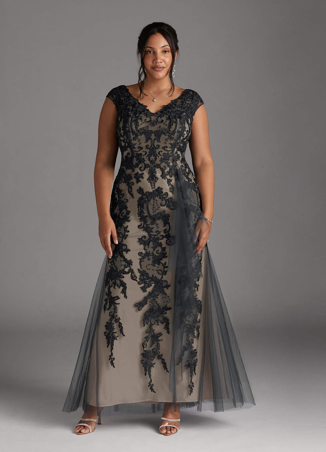 Azazie Melena Black Champagne Mermaid Lace Tulle Dress | Azazie