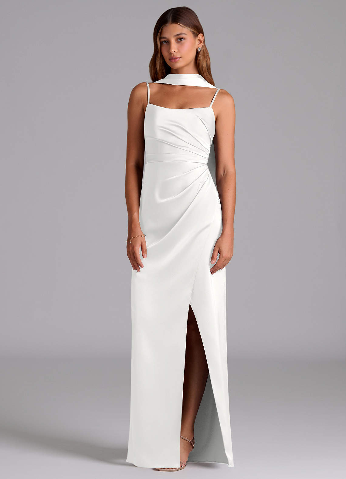 Azazie Calandra Brudtärnklänningar Klä av A-Linje i Stretch Satin Plisserad Vit image2