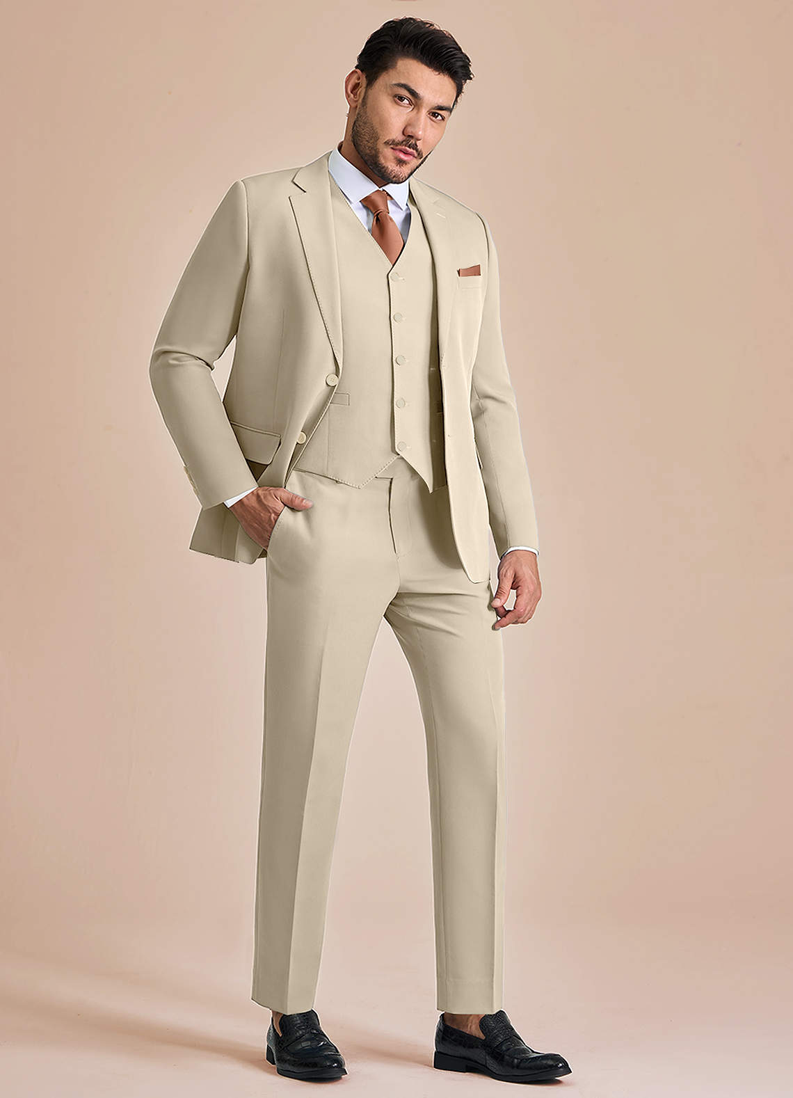 front James Tan Structured Stretch 3-piece suit
