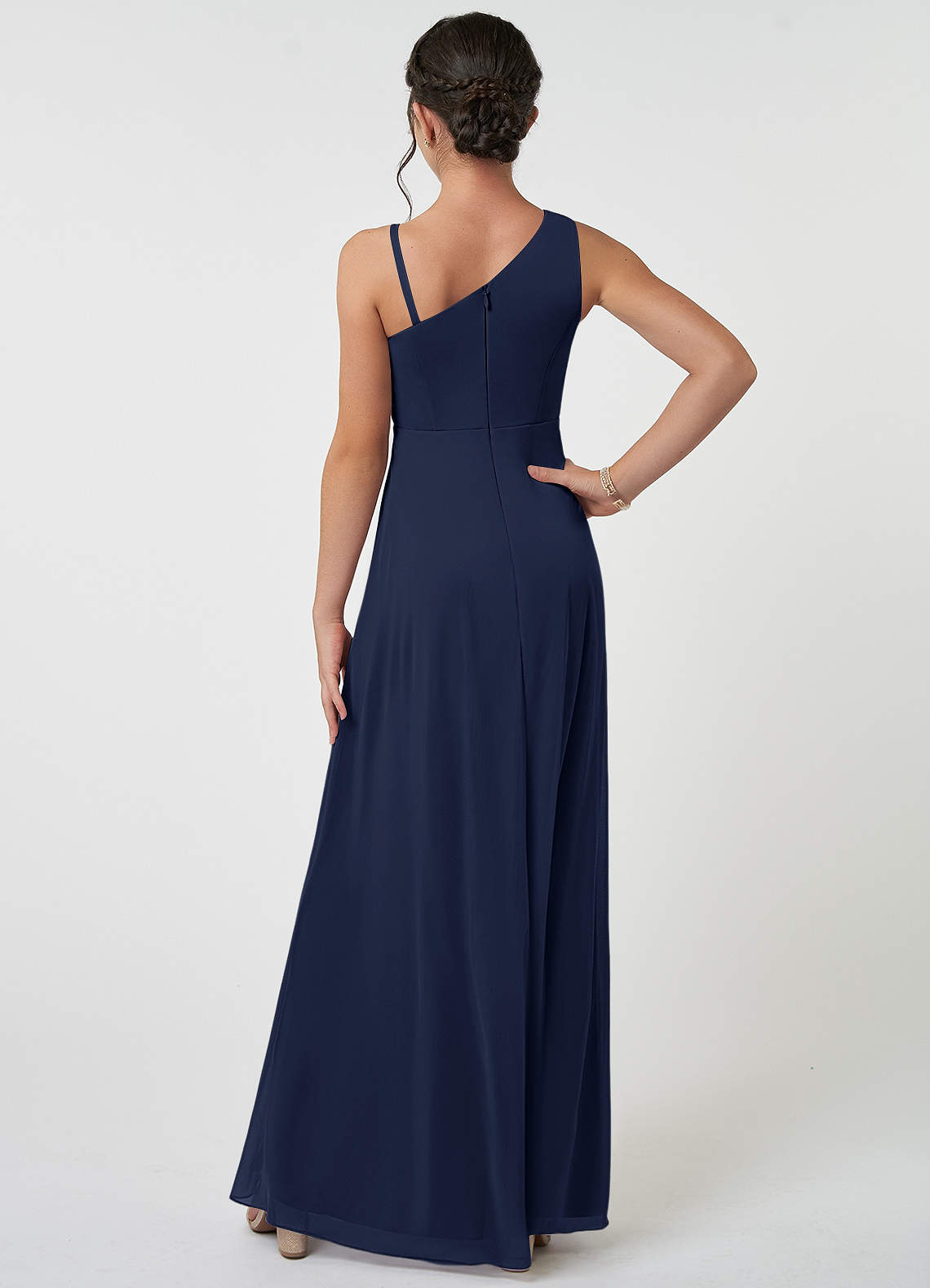 Azazie Brooke Junior Dark Navy A-Line Pleated Mesh Dress image1