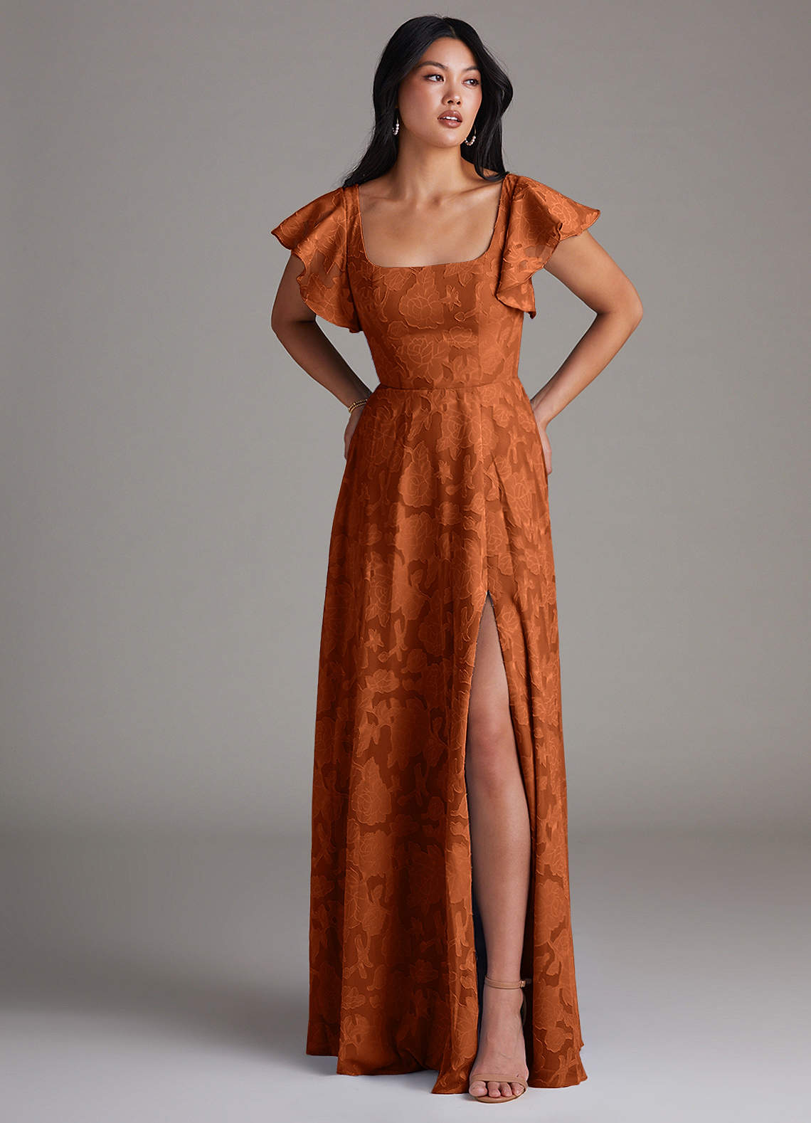 Azazie Bondi Burnt Orange Floral Burnout Bridesmaid Dresses | Azazie