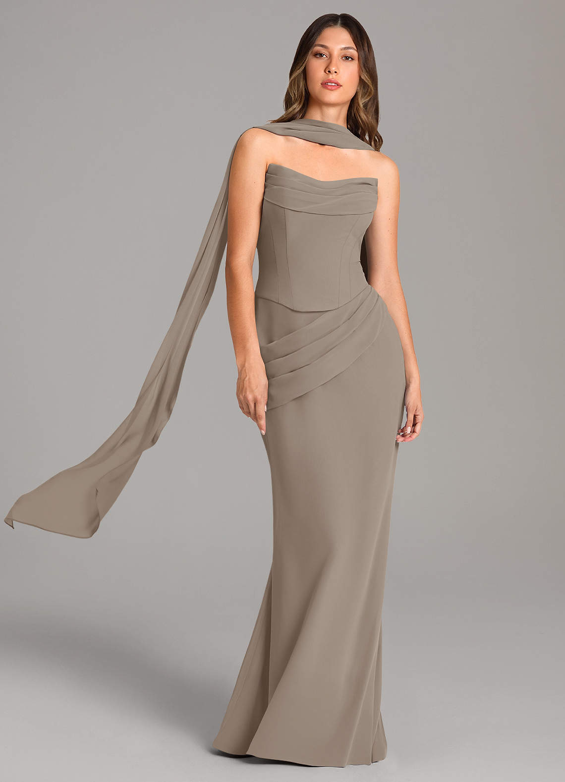 Azazie Sorrel Bridesmaid Dresses Taupe Mermaid Corset Chiffon Dress image1