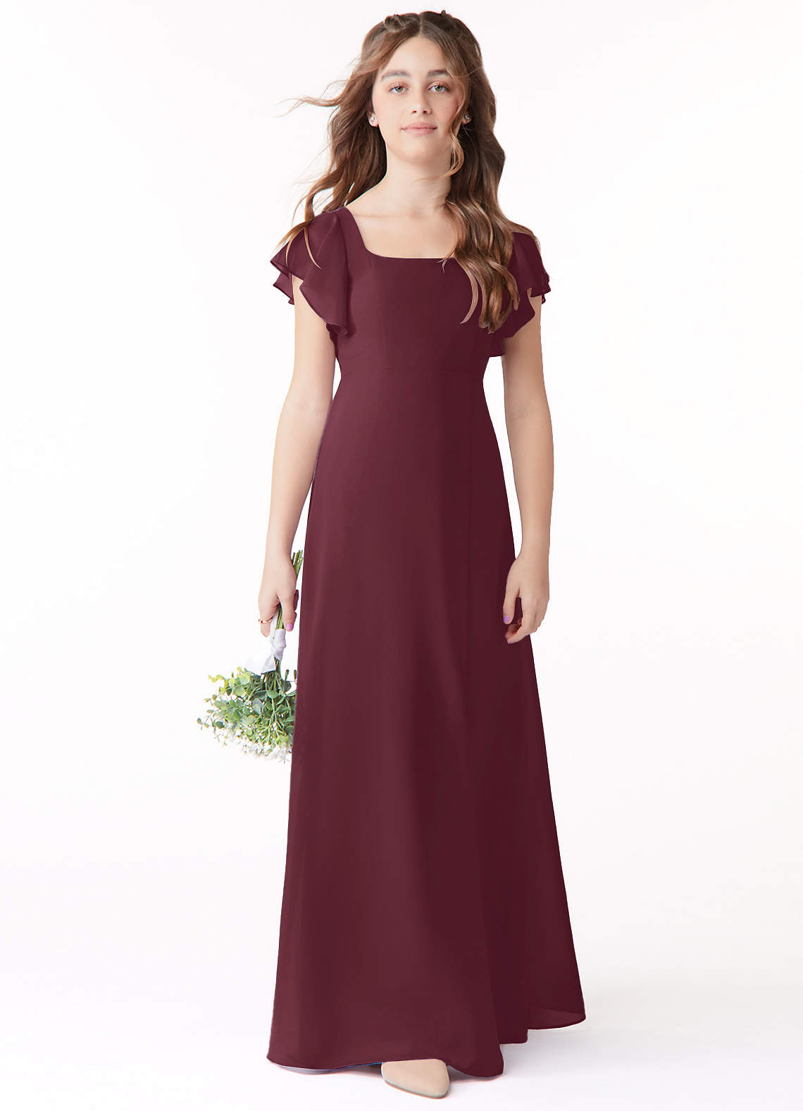 Azazie Bondi Junior Vestido Cabernet de Chiffon de Linha A com Arco image1