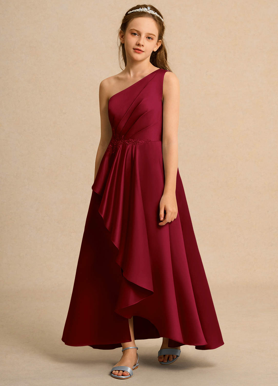 Azazie Taffy Junior Formal vestidos de niña de las flores Vestido de Borgoña de Satin Mate de Corte En A con Encaje image1