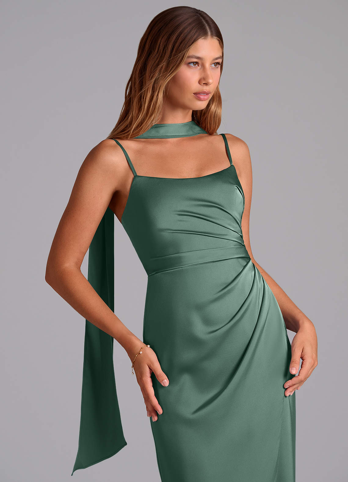 Azazie Calandra Brudepigekjoler En streg Plisseret Stræk satin Gulv-længde Kjole image4