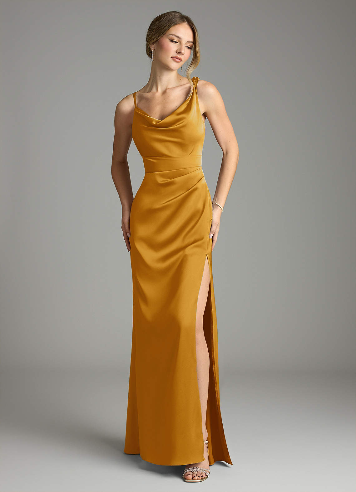 Azazie Mermaid Cowl Floor-Length Stretch Satin Bridesmaid Dresses - Butterscotch