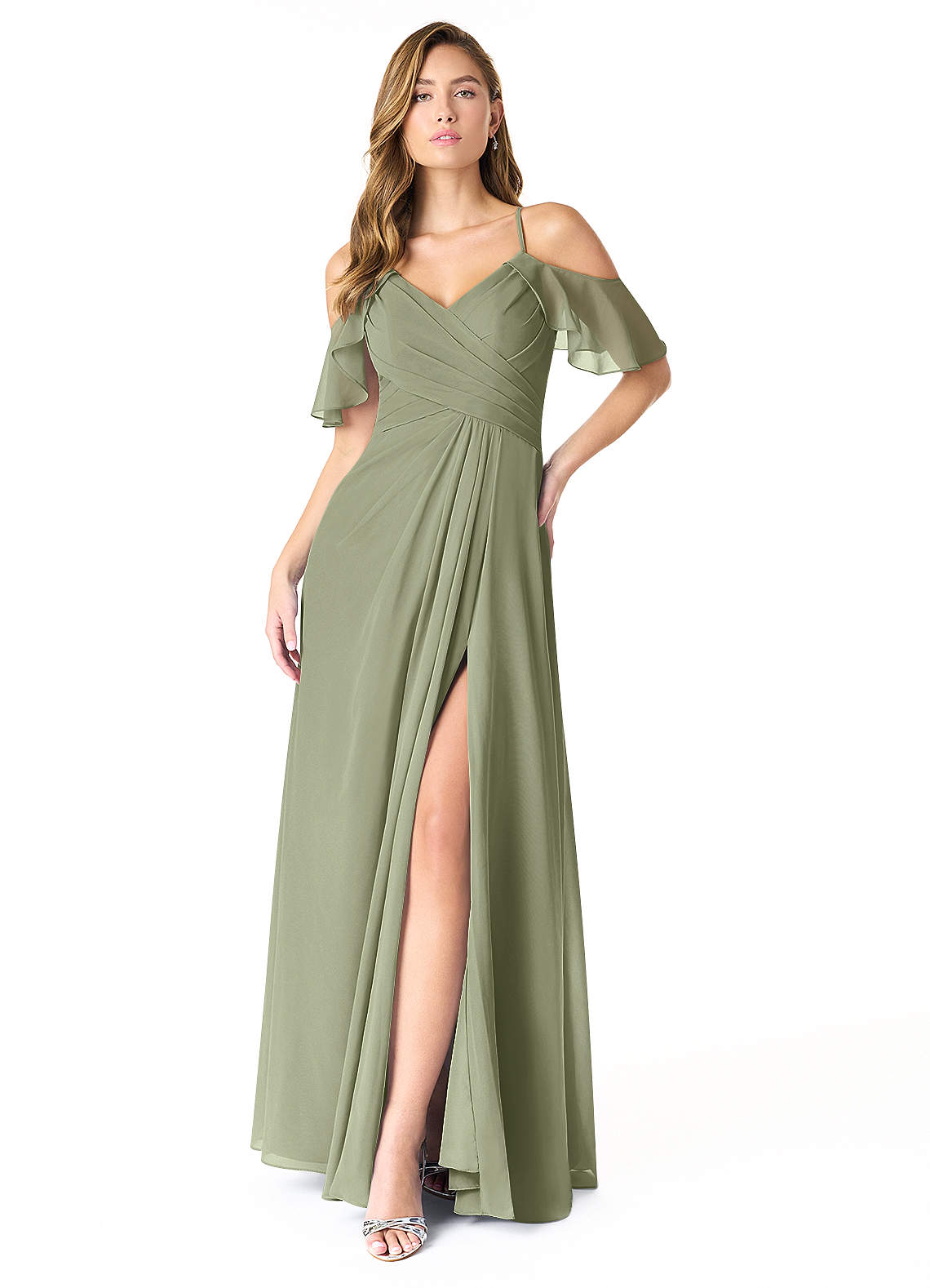 Azazie Dakota Bridesmaid Dresses Pistachio A-Line V-Neck Pleated Chiffon Dress image1
