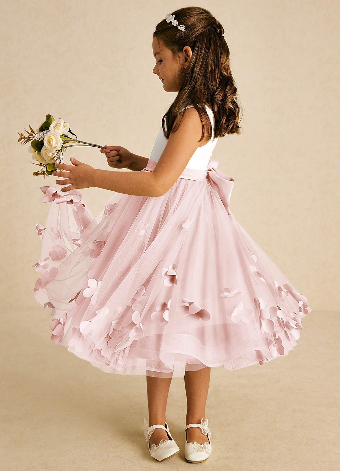 Azazie Sprout Flower Girl Dresses Blushing Pink A-Line Bow Tulle Dress image3