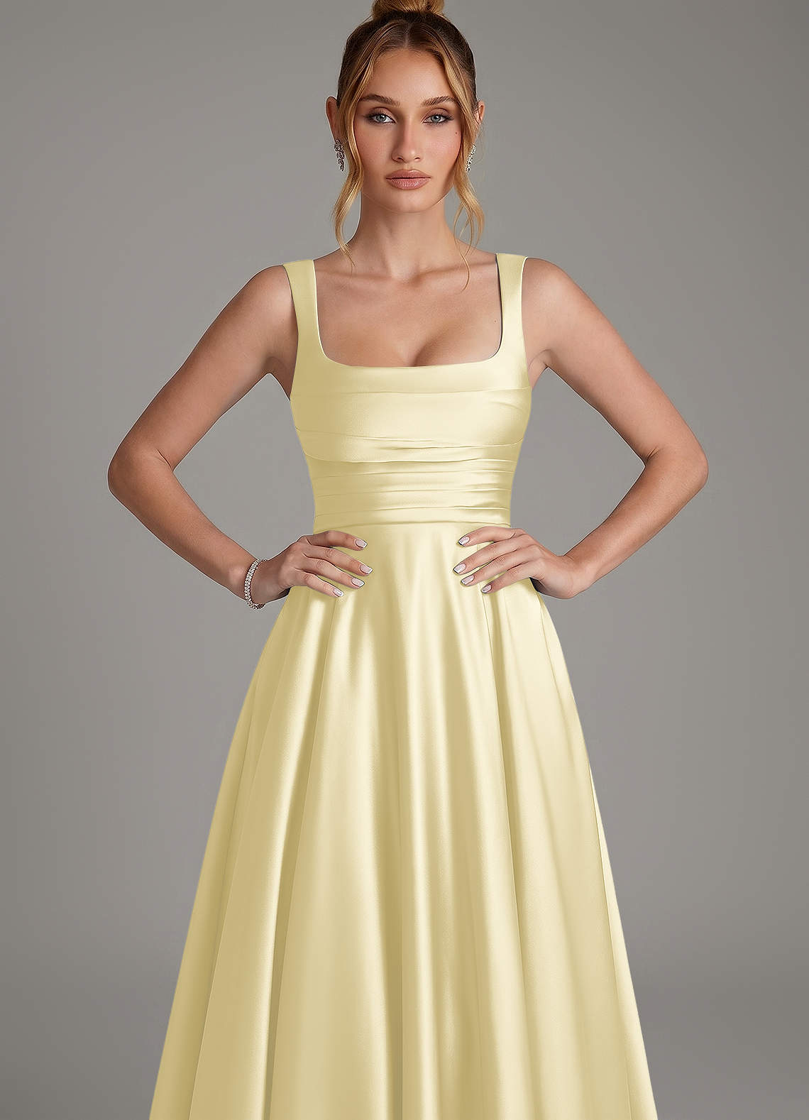 Azazie Azaria Bridesmaid Dresses Lemon Sorbet A-Line Corset Stretch Satin Dress image5