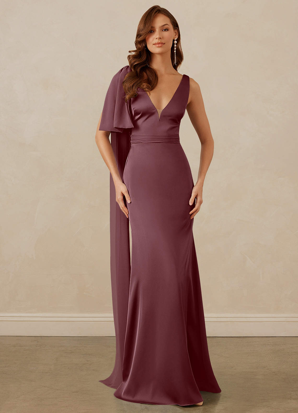 Christian Siriano Bridal for Azazie 1011 Bridesmaid Dresses Sangria Mermaid Bow Stretch Satin Dress image1
