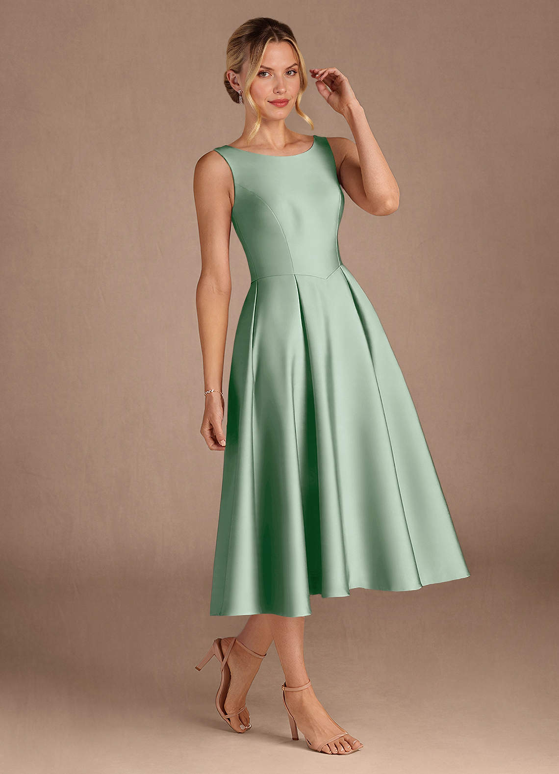 Azazie Fulton Mother of the Bride Dresses Agave A-Line Pleated Stretch Satin Dress image1