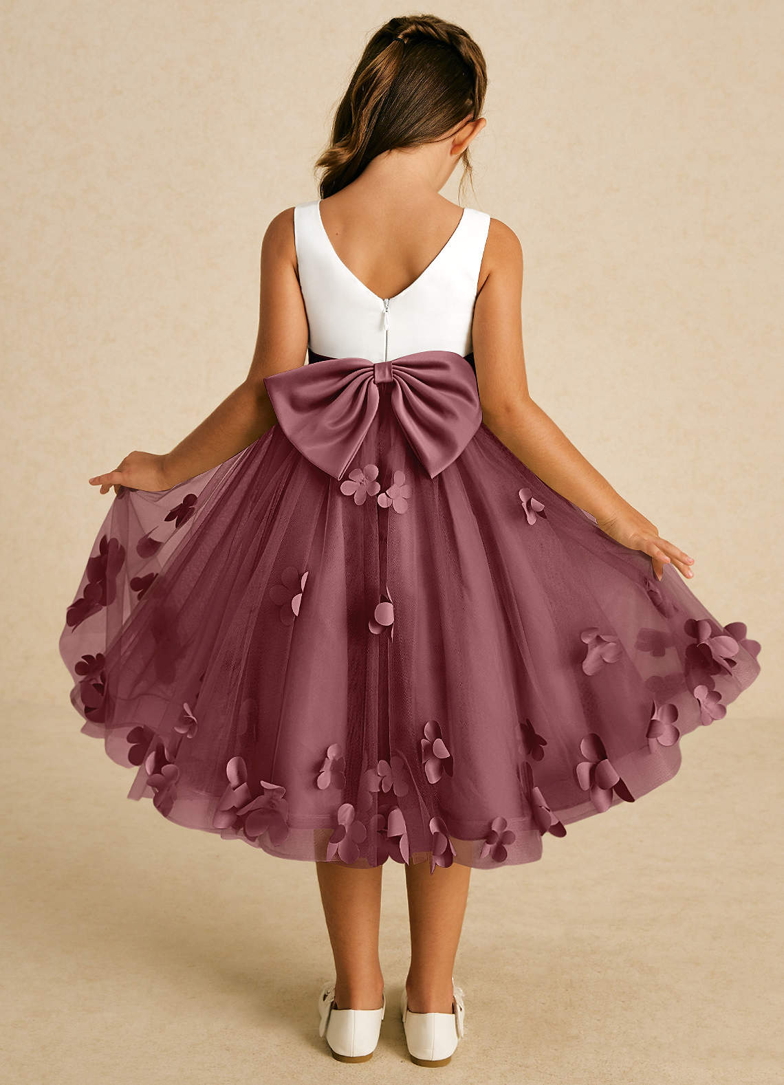 Azazie Sprout Robe Demoiselle D'honneur Fillette Robe Trapèze en Tulle Arc Rose Du Désert image1
