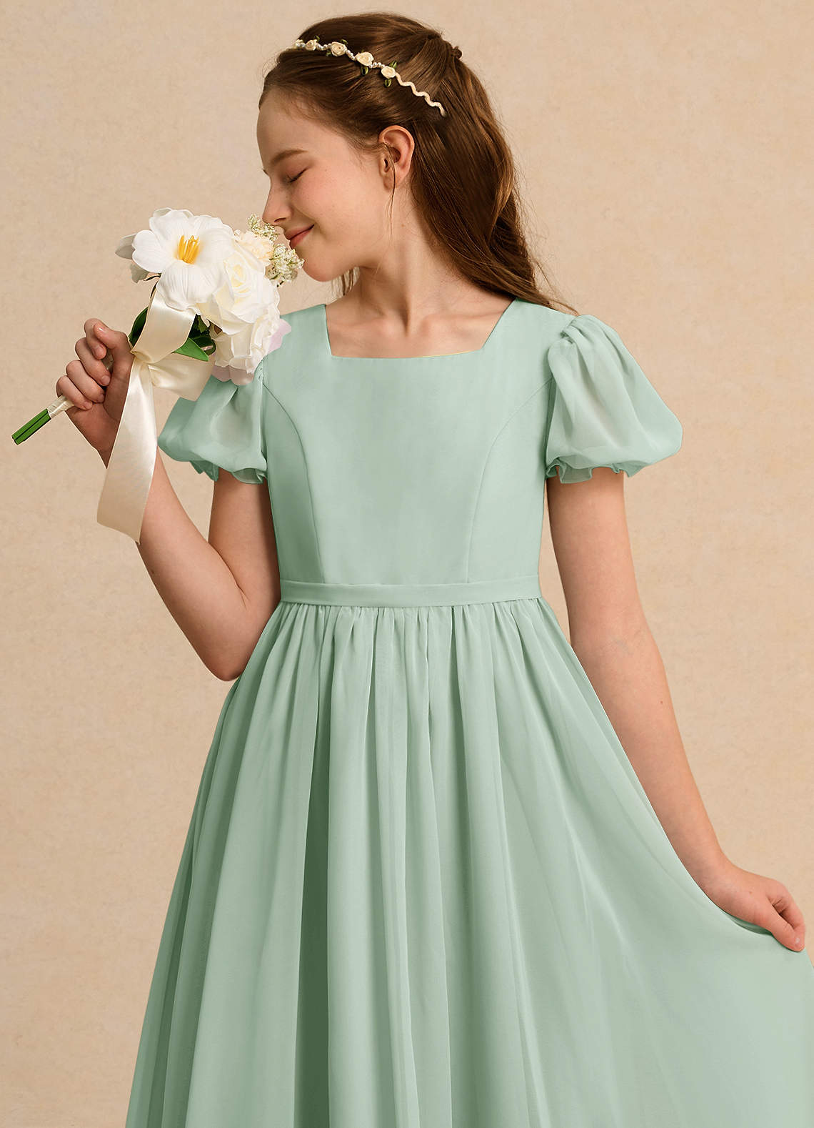 Azazie Lilia Girls Formal Agave A-Line with Sleeves Chiffon Dress | Azazie