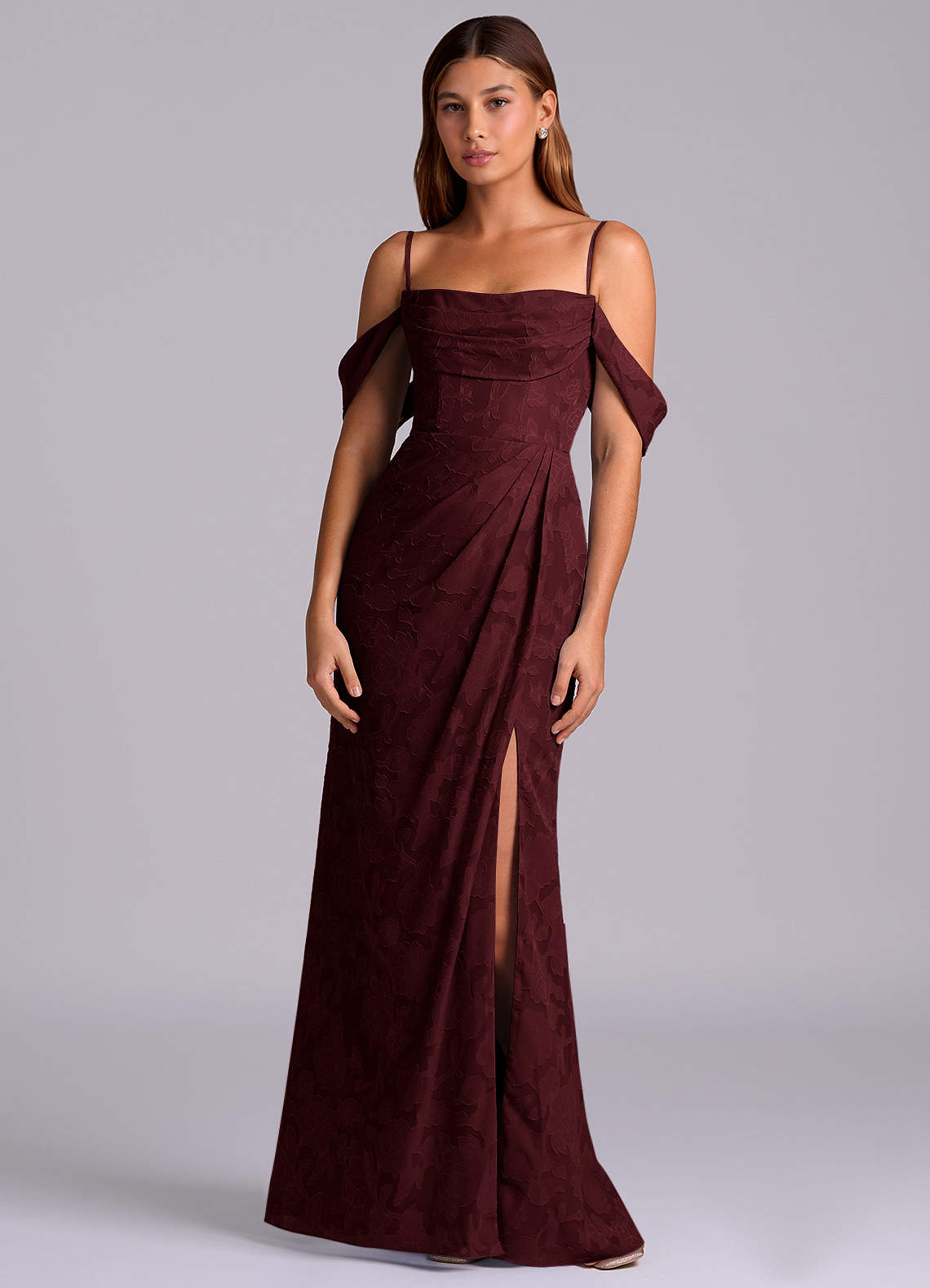 Azazie Johana Bridesmaid Dresses Cabernet Mermaid Off the Shoulder Floral Burnout Convertible Dress image5