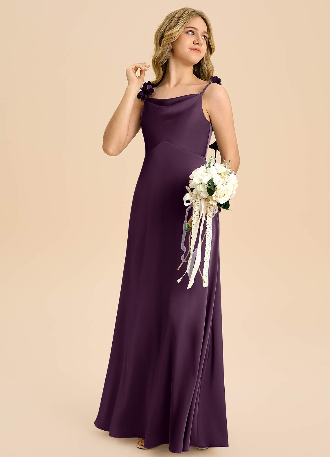 Azazie Gumdrop Junior Plum Empire Pleated Stretch Satin Dress image3